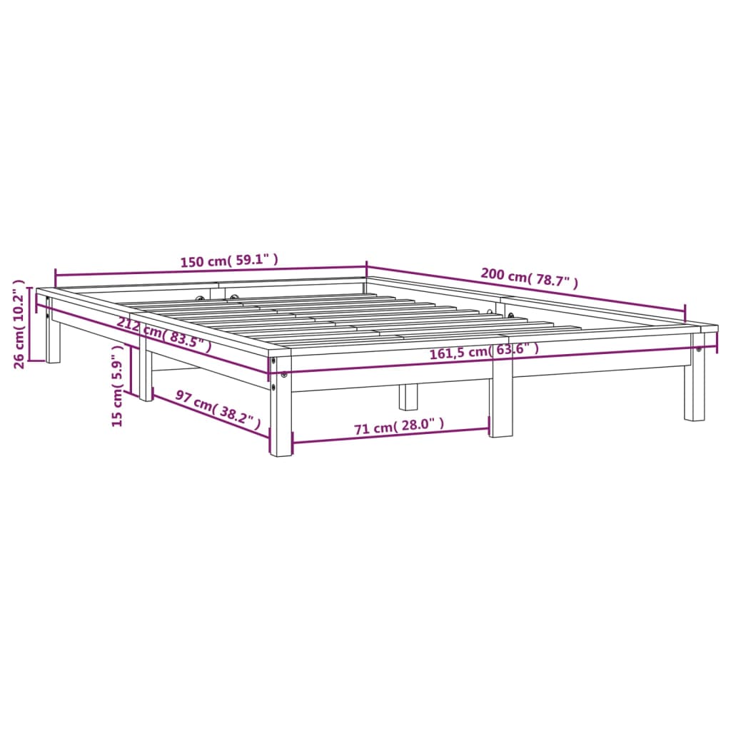 Cadru de pat, negru, 150x200 cm, King Size, lemn masiv de pin