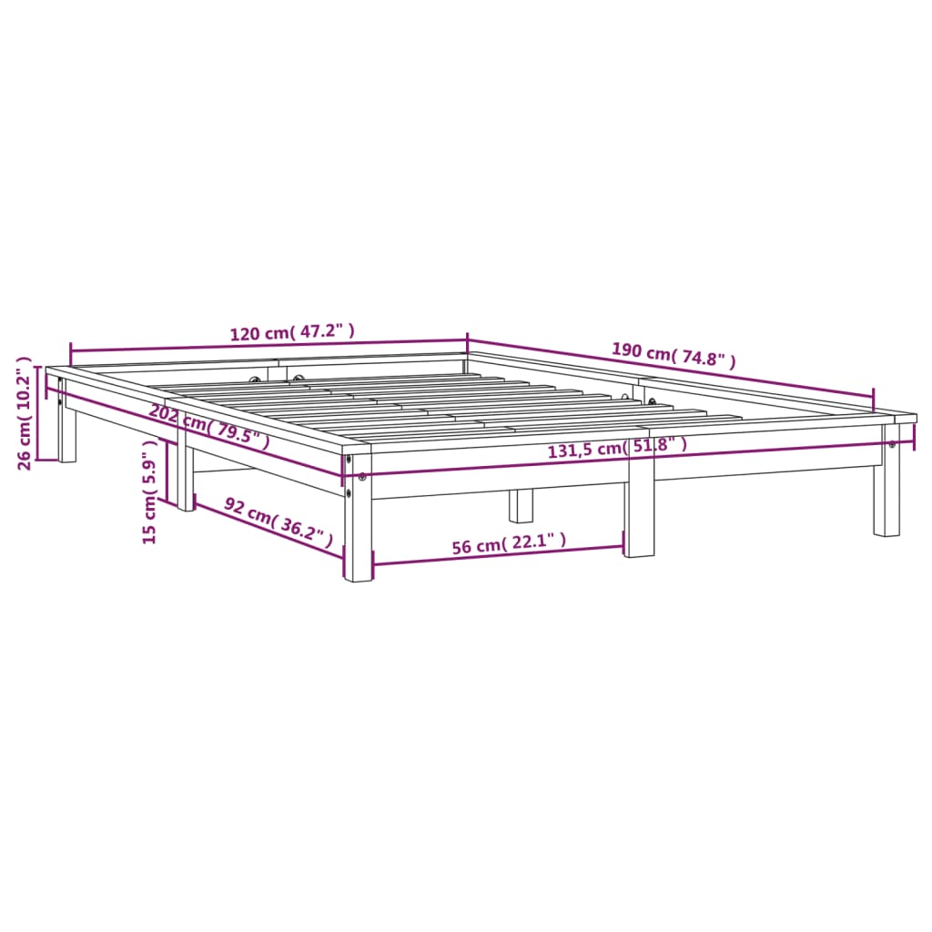 Cadru de pat Small Double 4FT, gri, 120x190 cm, lemn masiv pin