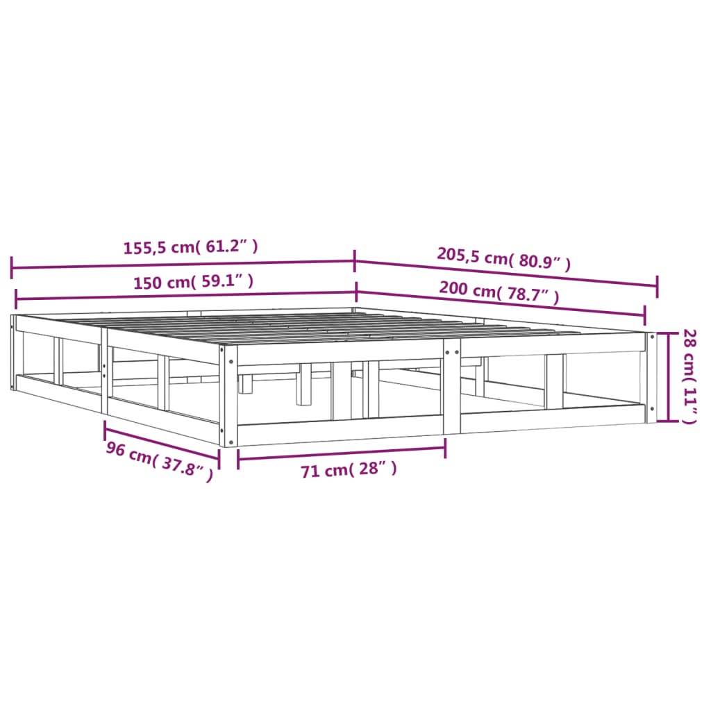 Cadru de pat, gri, 150x200 cm, lemn masiv, King Size 5FT