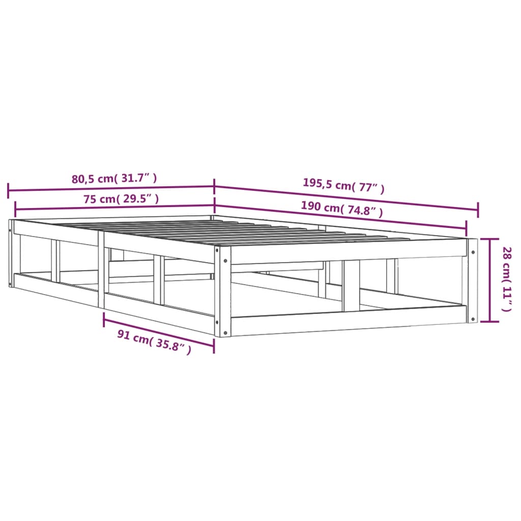 Cadru de pat mic single 2FT6, negru, 75x190 cm, lemn masiv