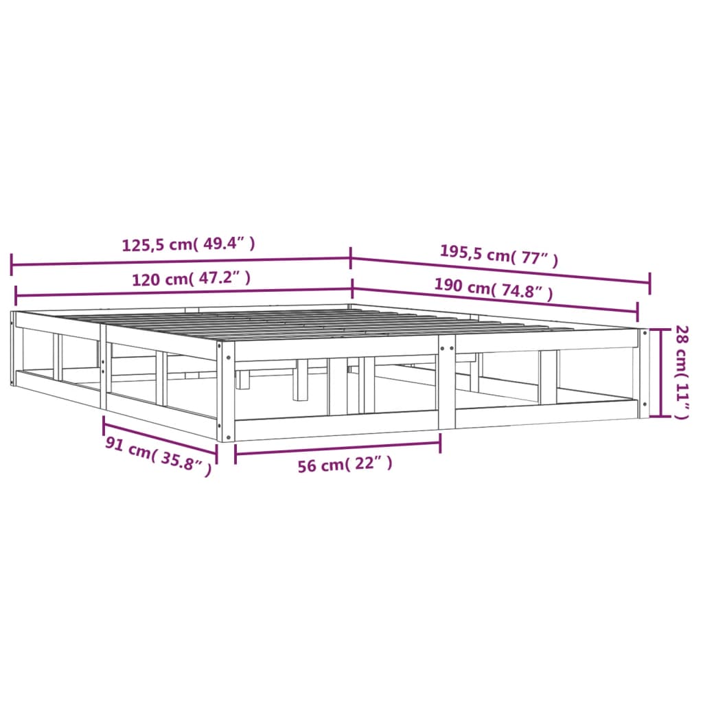 Cadru de pat mic dublu 4FT, 120x190 cm, lemn masiv