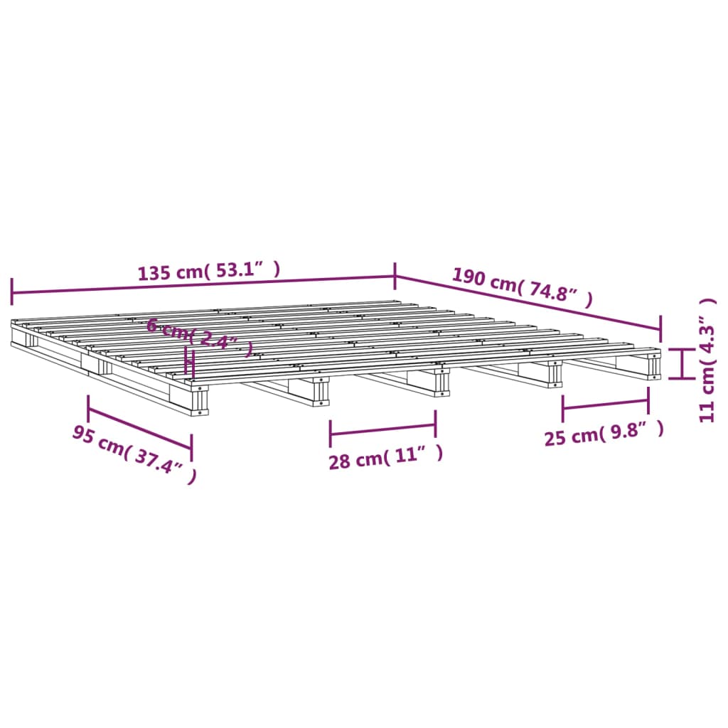 Pat din paleți Double 4FT6, gri, 135x190 cm, lemn masiv de pin