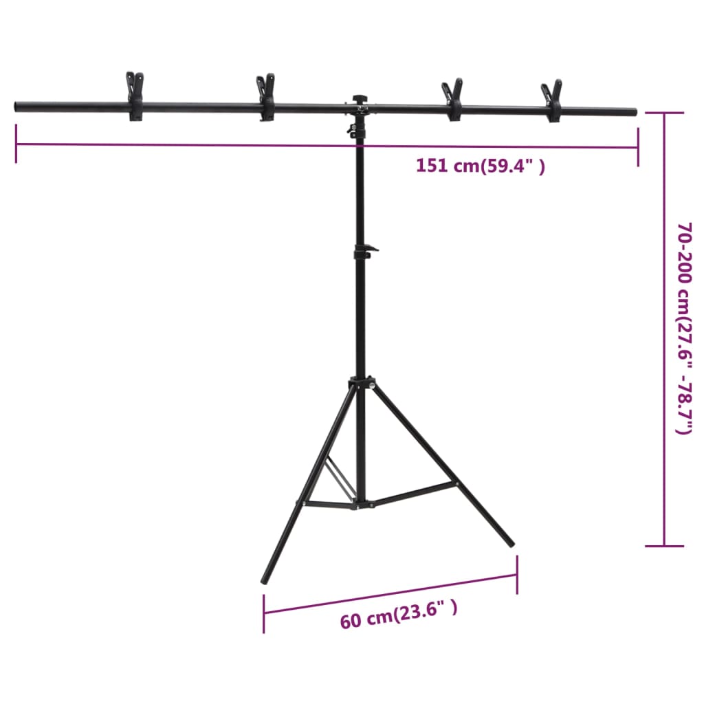 Suport de fundal în formă de T, negru, 151x60x(70-200) cm