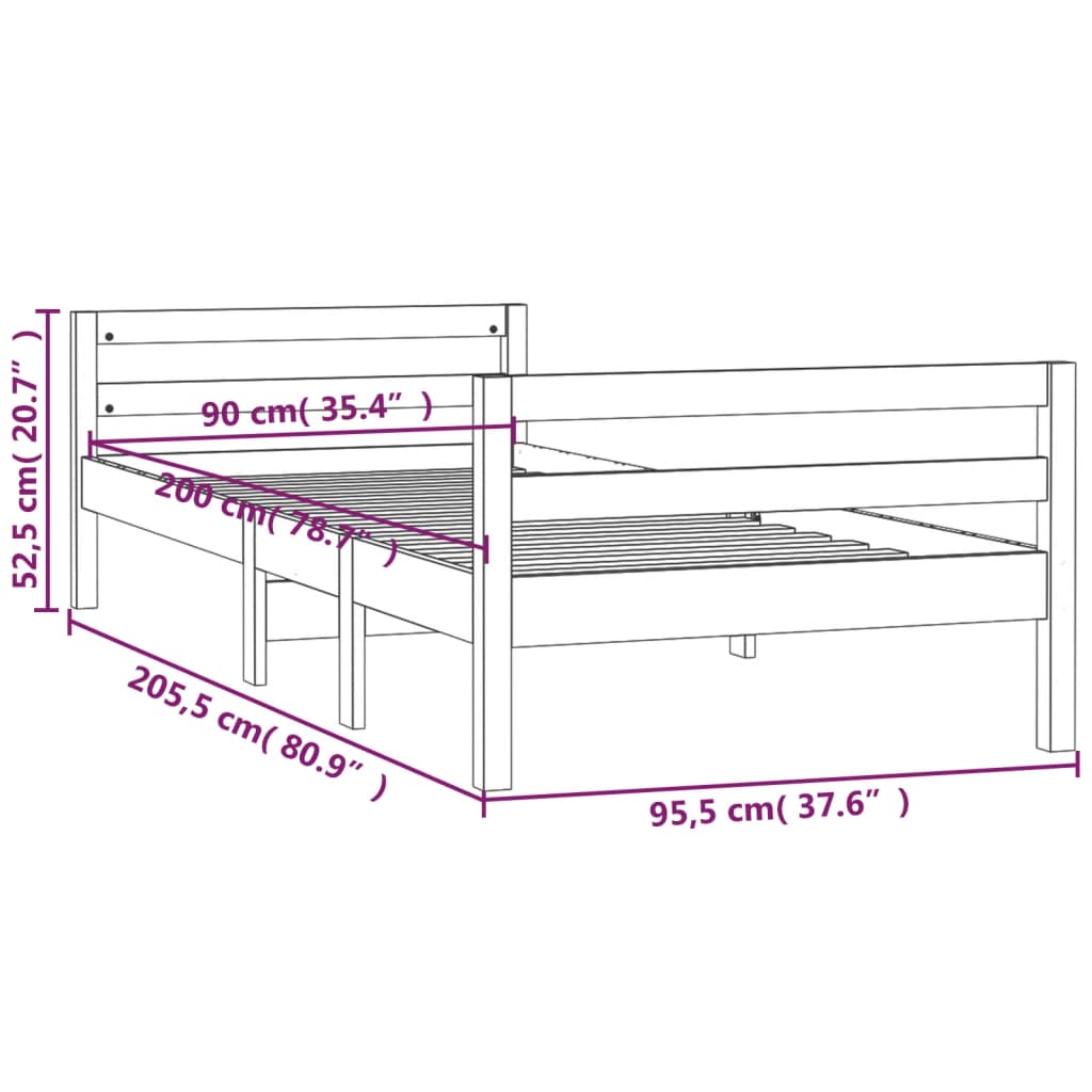 Cadru de pat, gri, 90x200 cm, lemn masiv de pin