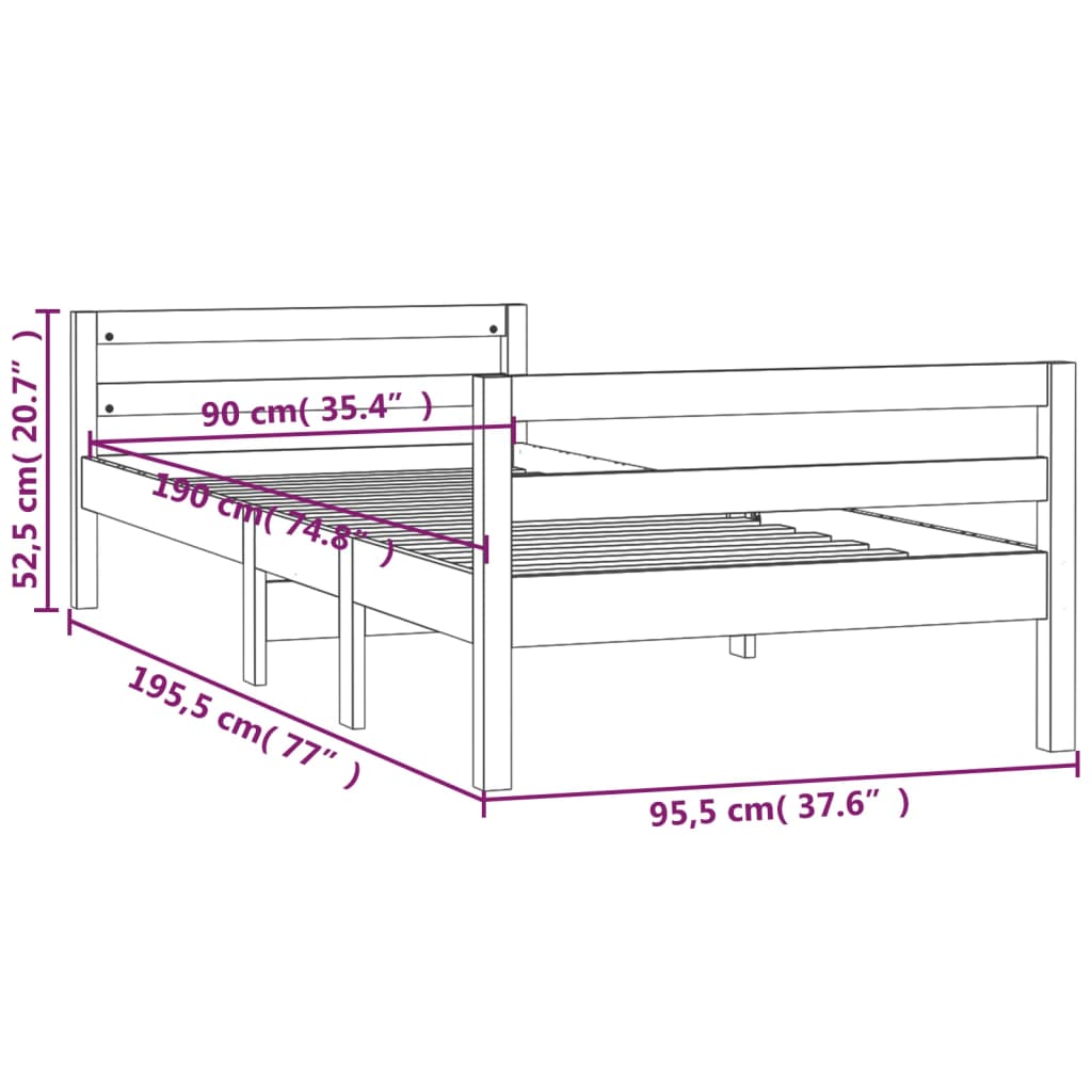 Cadru de pat, gri, 90x190 cm, lemn masiv de pin