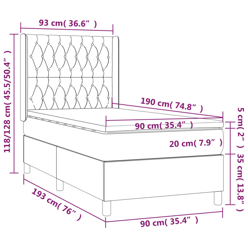 Pat cu arcuri, saltea și LED, maro închis, 90x190 cm, textil