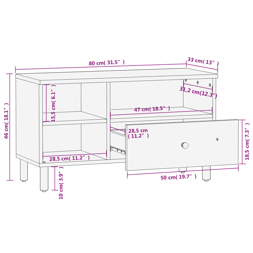 Dulap TV, negru, 80x33x46 cm, lemn masiv de mango