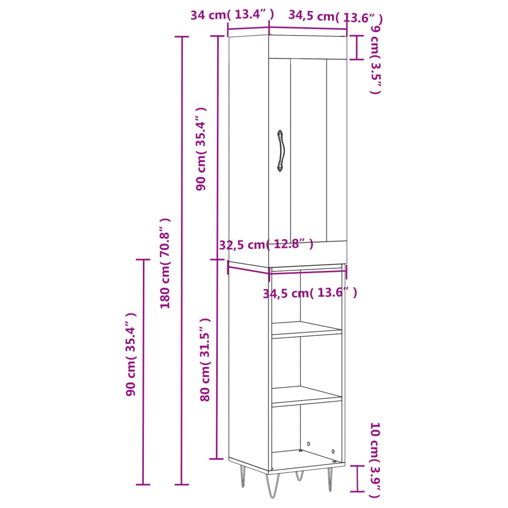 Dulap înalt, gri beton, 34,5x34x180 cm, lemn prelucrat