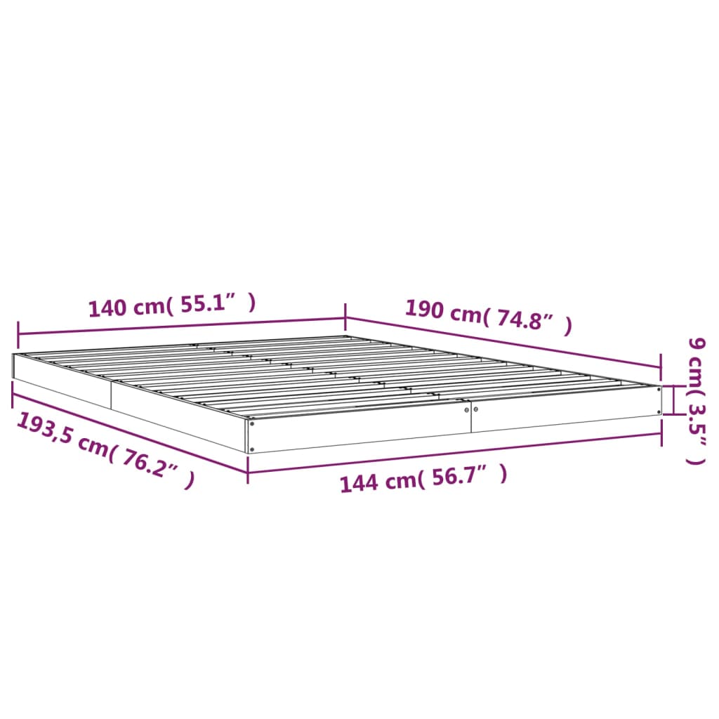 Cadru de pat, alb, 140x190 cm, lemn masiv de pin