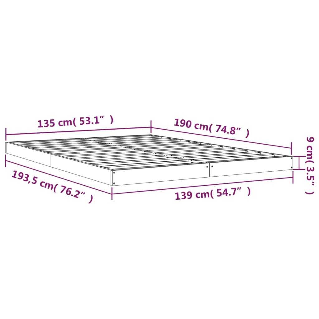 Cadru de pat dublu, alb, 135x190 cm, lemn masiv de pin