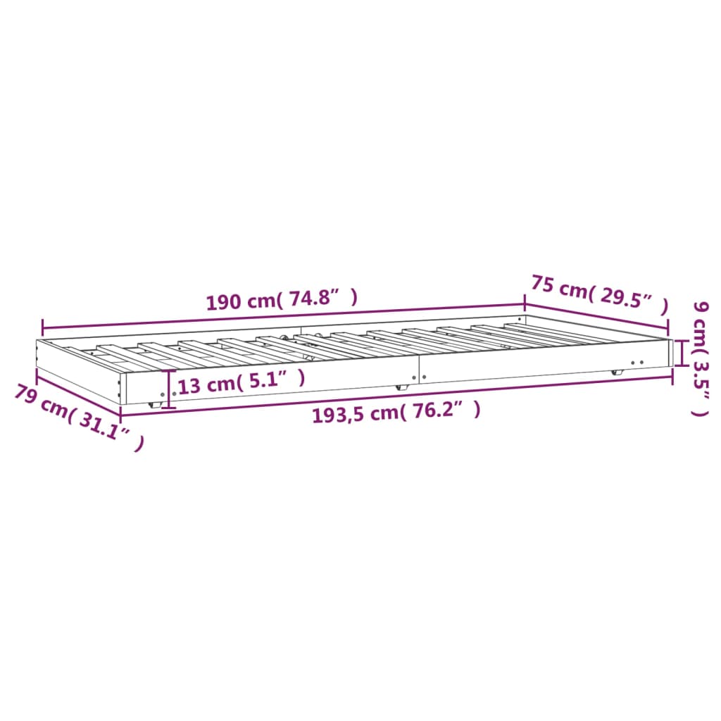 Cadru de pat, gri, 75x190 cm, lemn masiv de pin