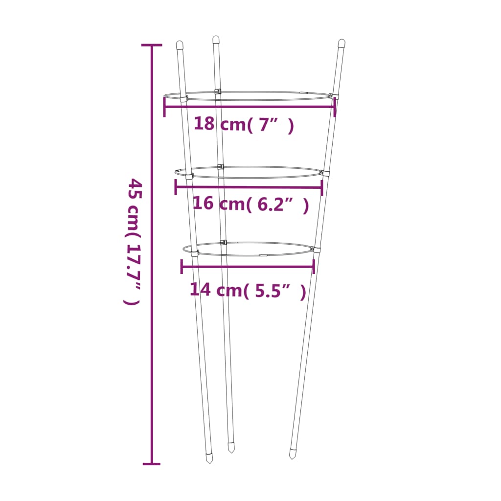 Suport plante de grădină cu 3 inele, 5 buc, verde, 45 cm, oțel