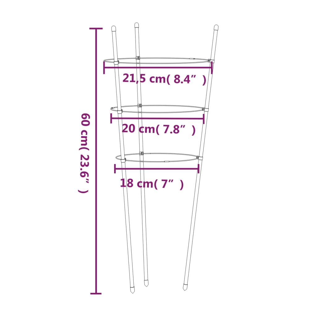 Suport plante de grădină cu 3 inele, 5 buc, verde, 60 cm, oțel