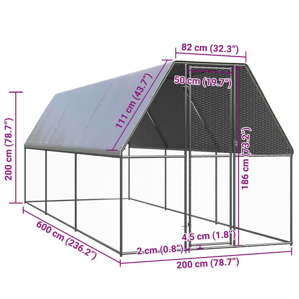 Coteț de păsări pentru exterior, 2x6x2 m, oțel galvanizat