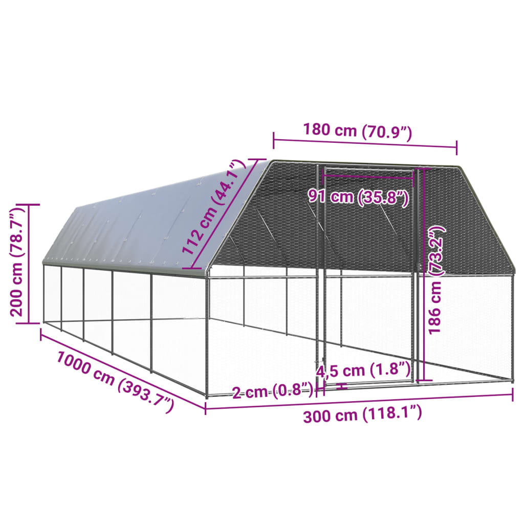 Coteț de păsări pentru exterior, 3x10x2 m, oțel galvanizat