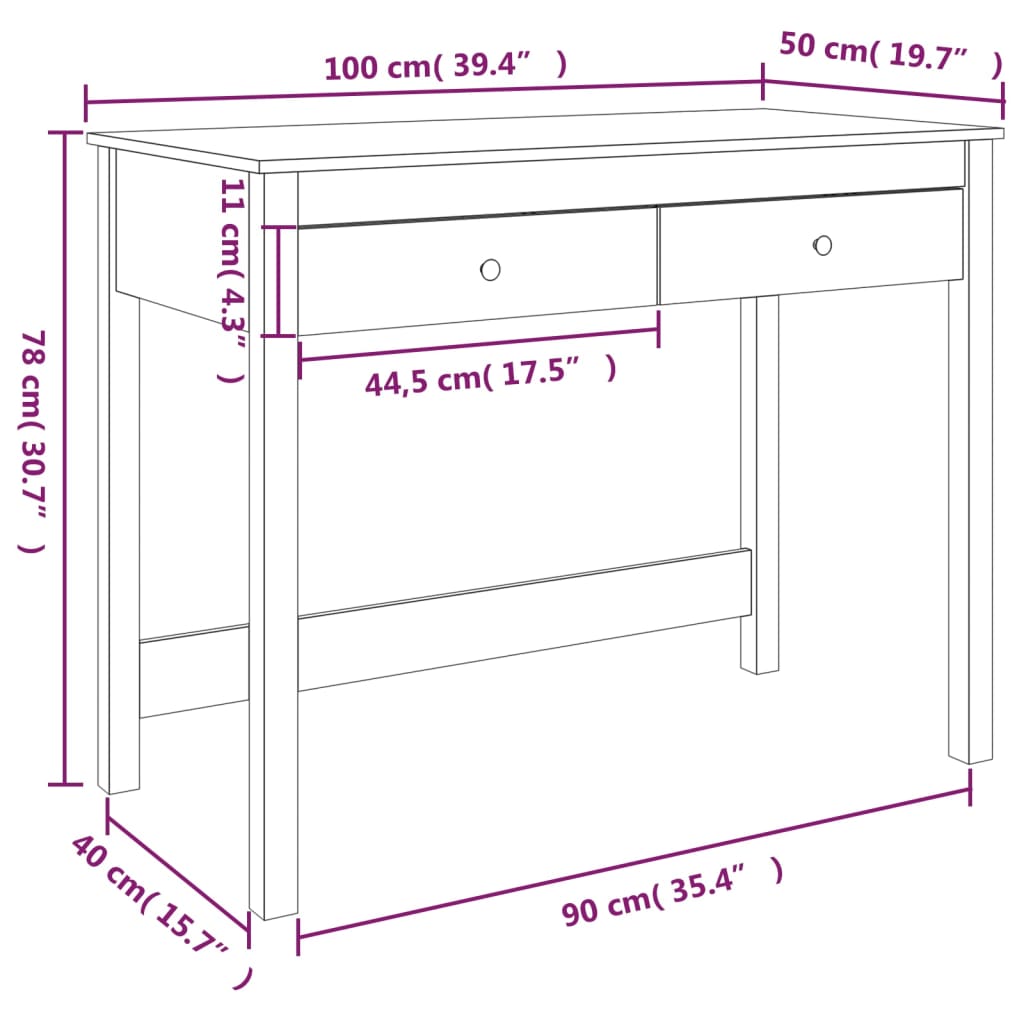 Birou cu sertare, 100x50x78 cm, lemn masiv de pin