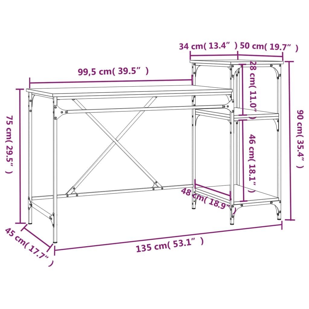 Birou cu rafturi, stejar sonoma 135x50x90 cm lemn compozit/fier