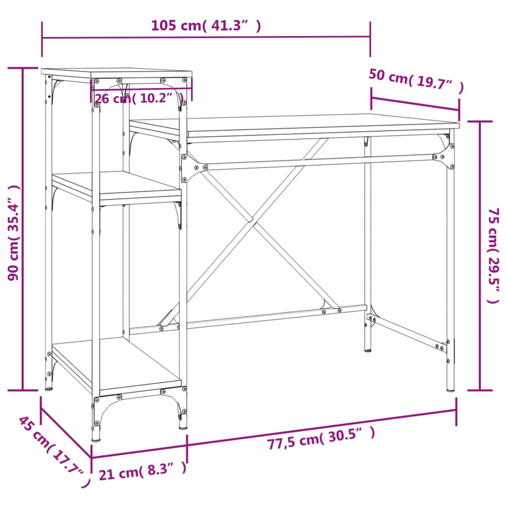 Birou cu rafturi, stejar sonoma 105x50x90 cm lemn compozit/fier