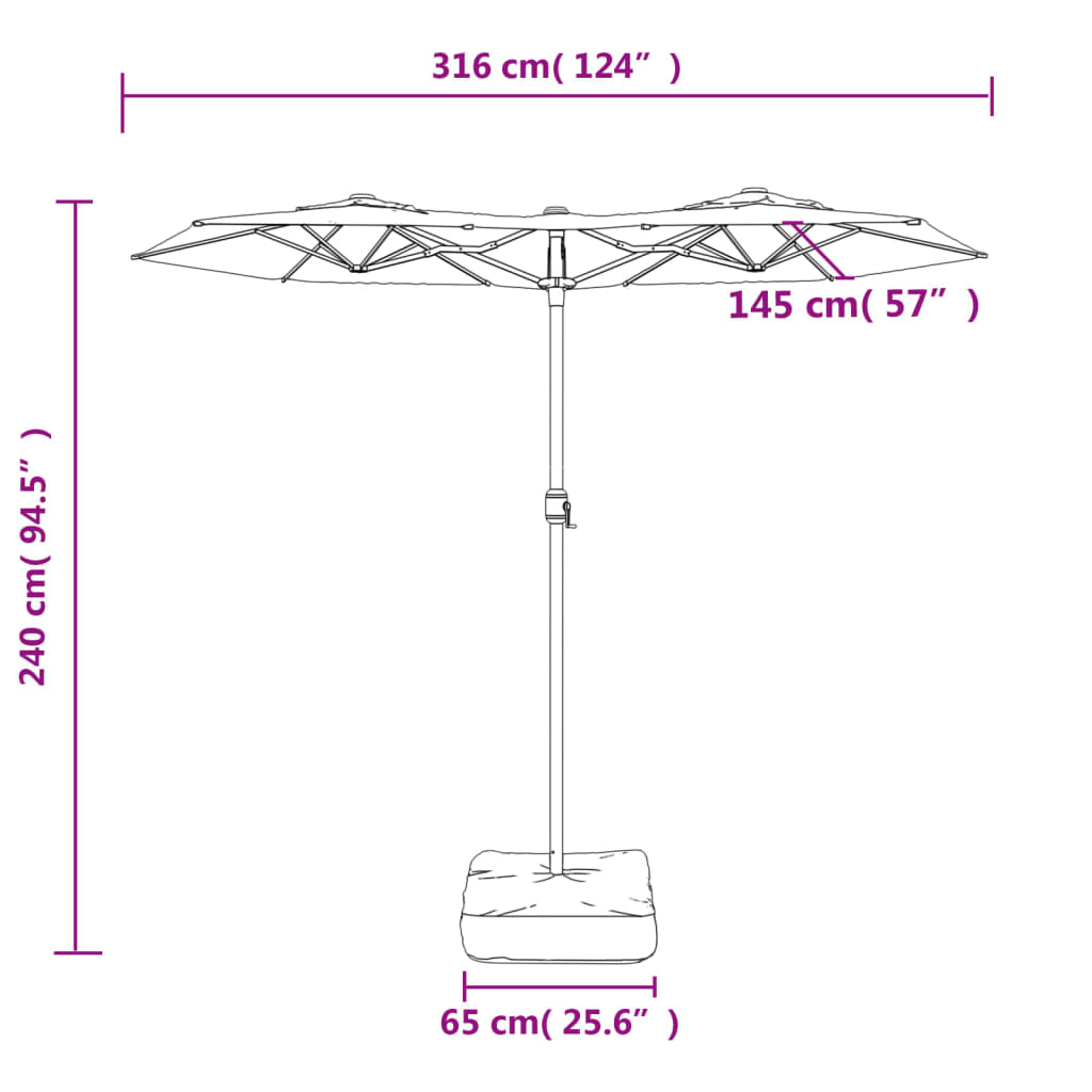 Umbrelă de soare cu două capete cu LED-uri cărămiziu 316x240 cm