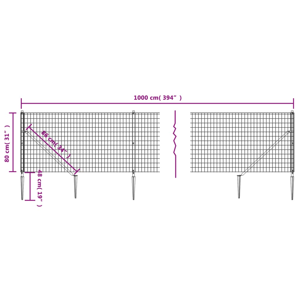 Gard plasă de sârmă cu țăruși de fixare, verde, 0,8x10 m