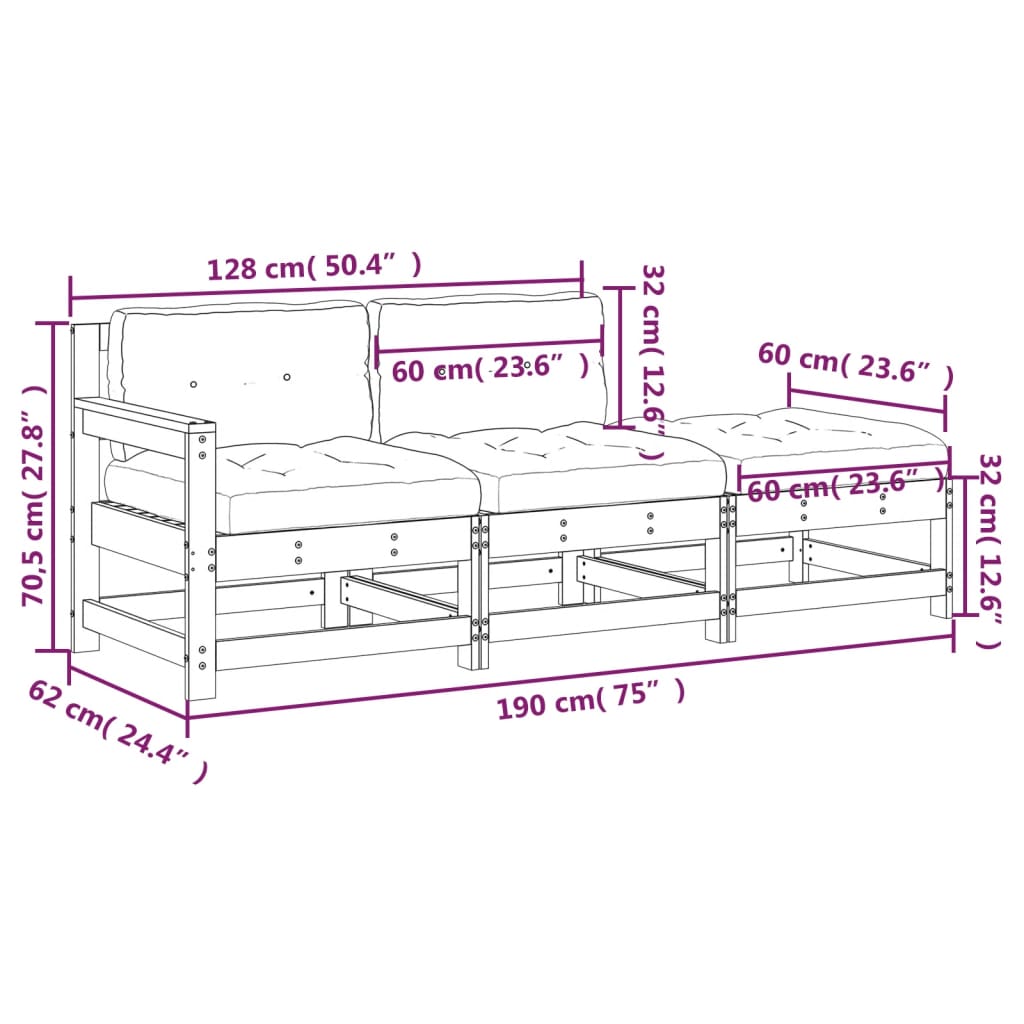 Set mobilier de grădină cu perne, 3 piese, alb, lemn masiv