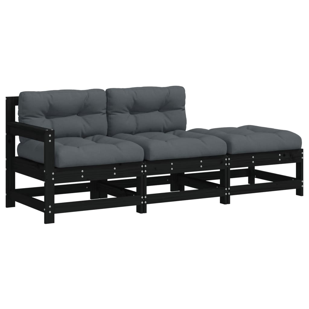 Set mobilier de grădină cu perne, 3 piese, negru, lemn masiv