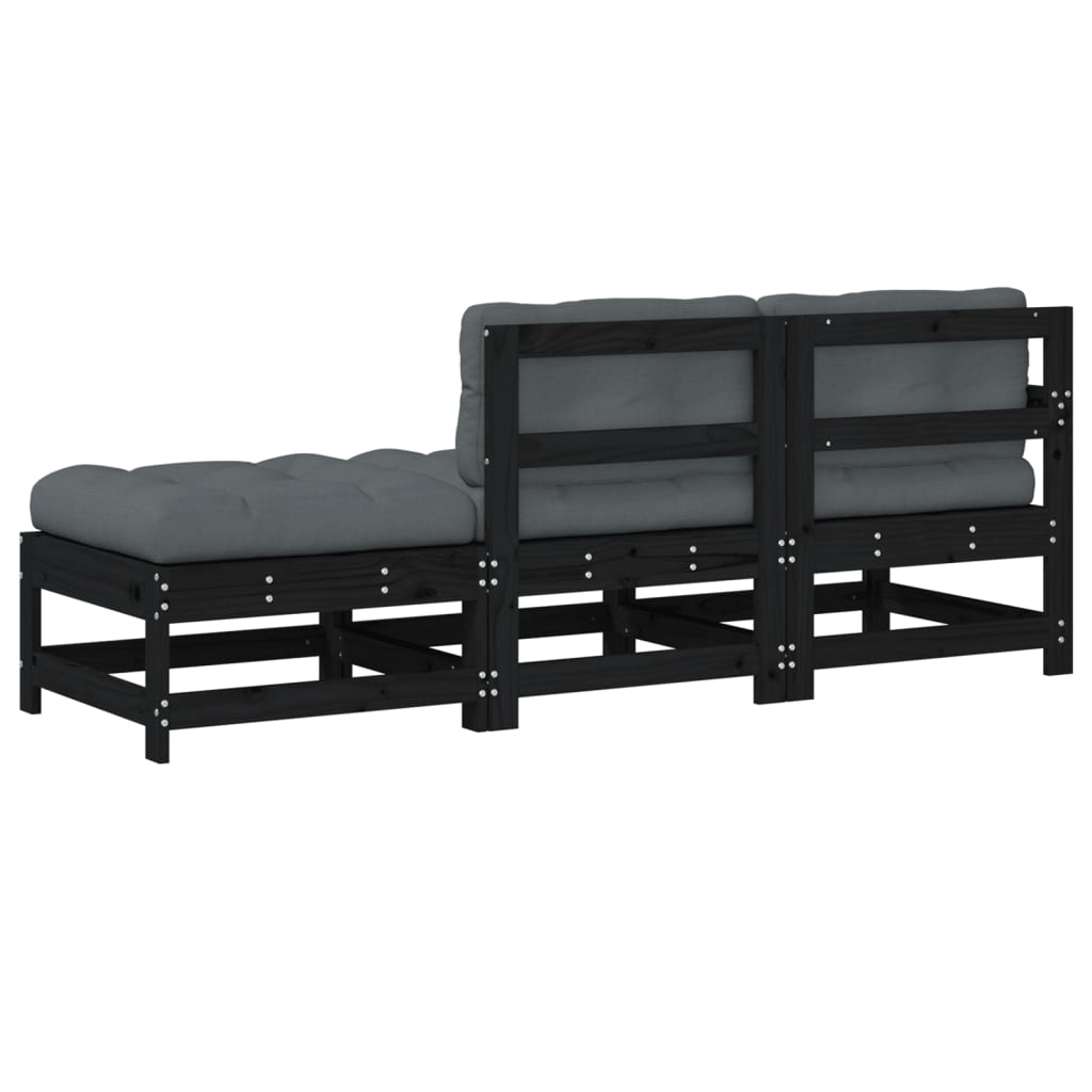 Set mobilier de grădină cu perne, 3 piese, negru, lemn masiv