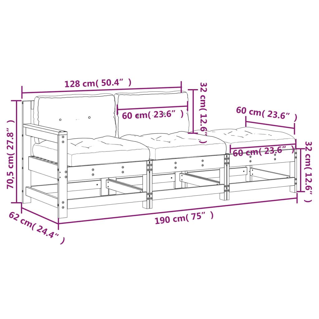 Set mobilier de grădină cu perne, 3 piese, negru, lemn masiv