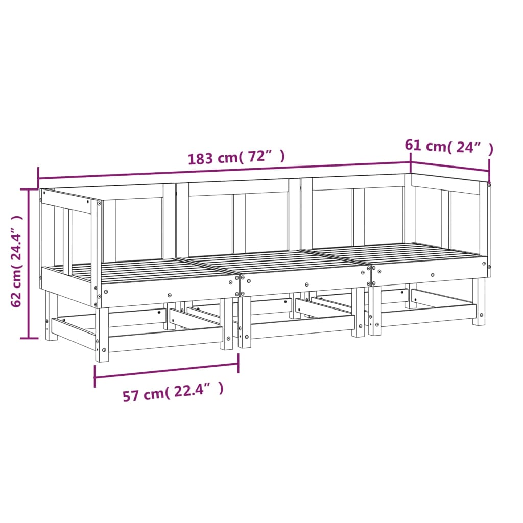 Set mobilier de grădină, 3 piese, alb, lemn masiv de pin