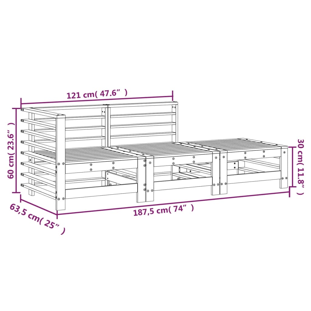 Set mobilier de grădină, 3 piese, alb, lemn masiv de pin