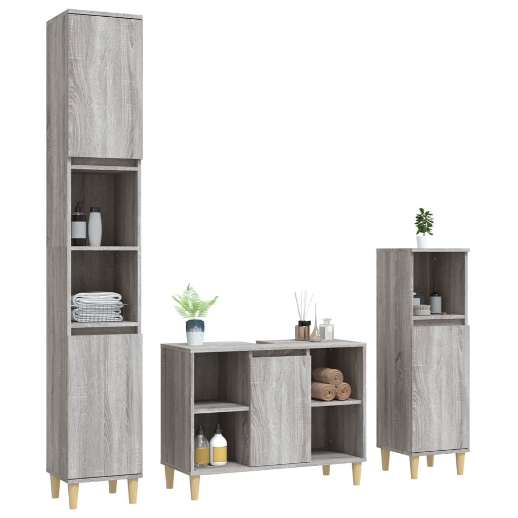 Set mobilier de baie, 3 piese, gri sonoma, lemn prelucrat