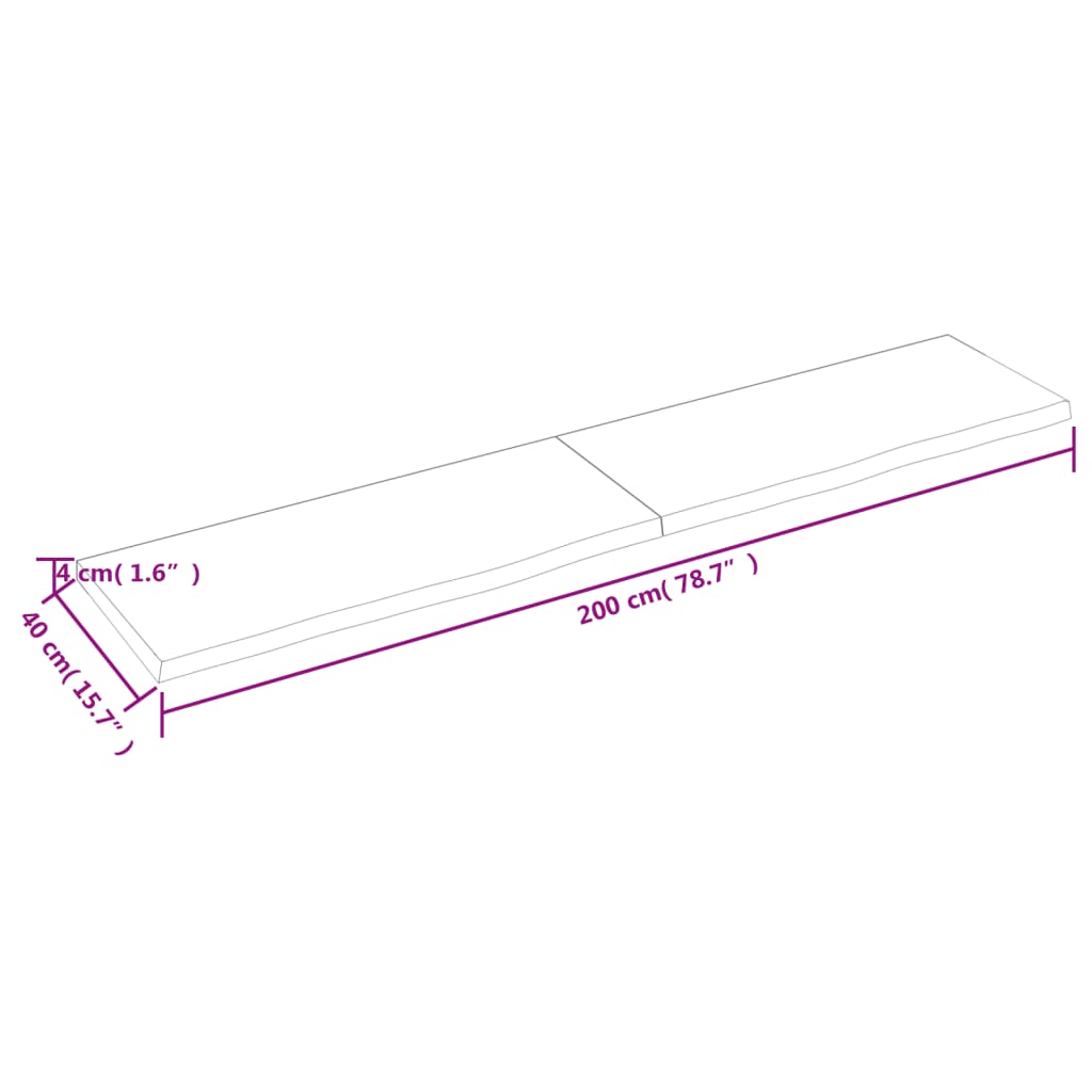 Blat de baie, 200x40x(2-4) cm, lemn masiv netratat