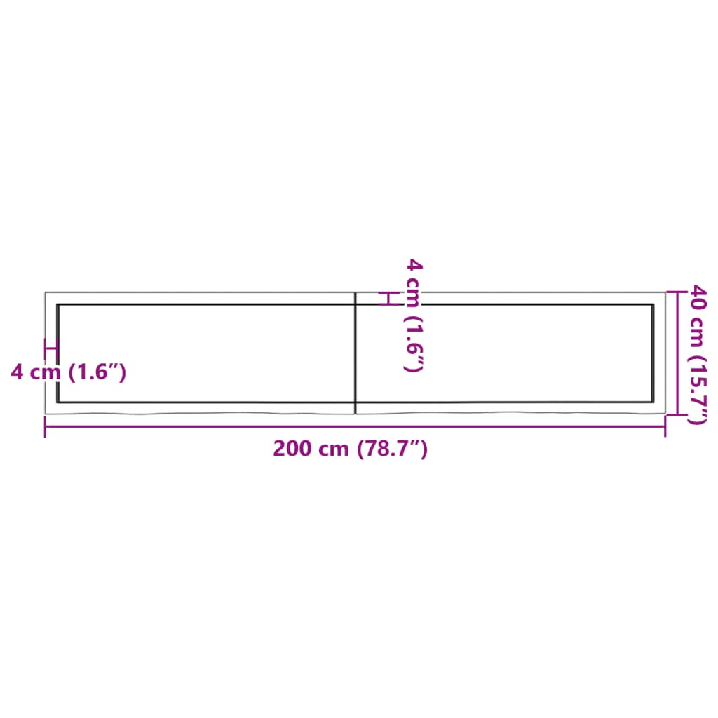 Blat de baie, 200x40x(2-4) cm, lemn masiv netratat