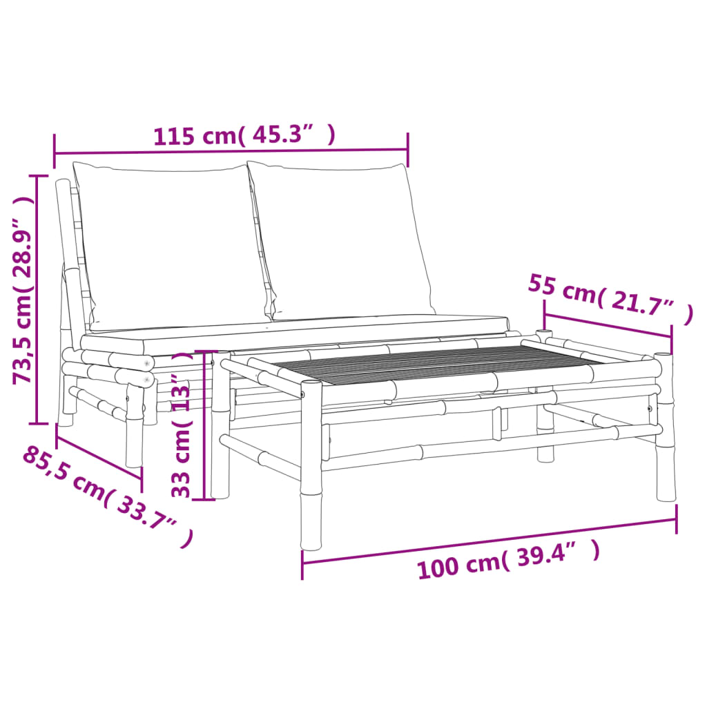 Set mobilier de grădină cu perne gri închis, 2 piese, bambus