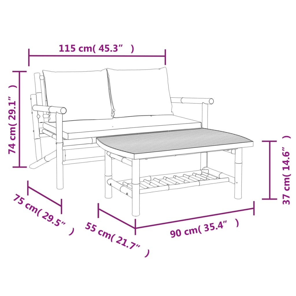 Set mobilier de grădină cu perne alb crem, 2 piese, bambus