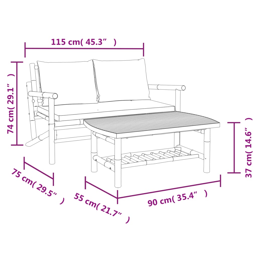 Set mobilier de grădină cu perne gri închis, 2 piese, bambus