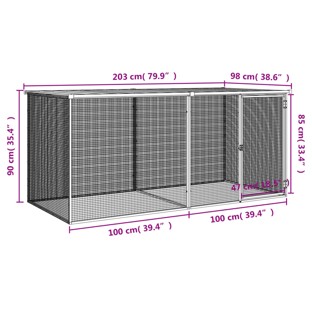 Coteț pui cu acoperiș gri deschis 203x98x90 cm oțel galvanizat