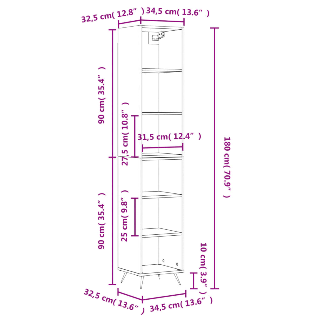 Dulap înalt, gri sonoma, 34,5x32,5x180 cm, lemn prelucrat