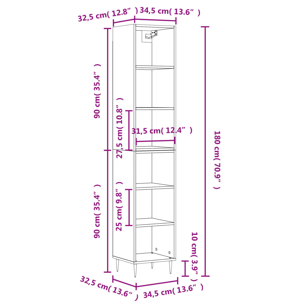 Dulap înalt, alb extralucios, 34,5x32,5x180 cm, lemn prelucrat