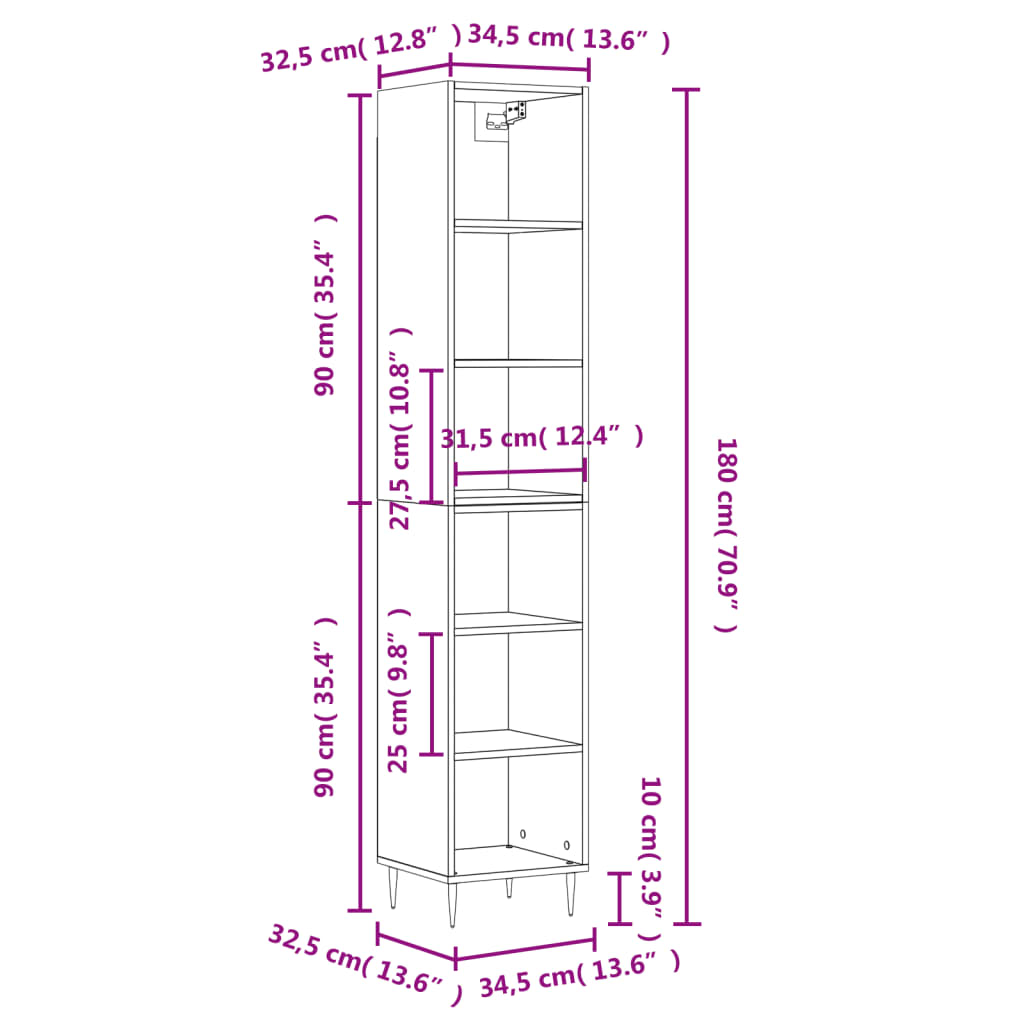 Dulap înalt, gri sonoma, 34,5x32,5x180 cm, lemn prelucrat