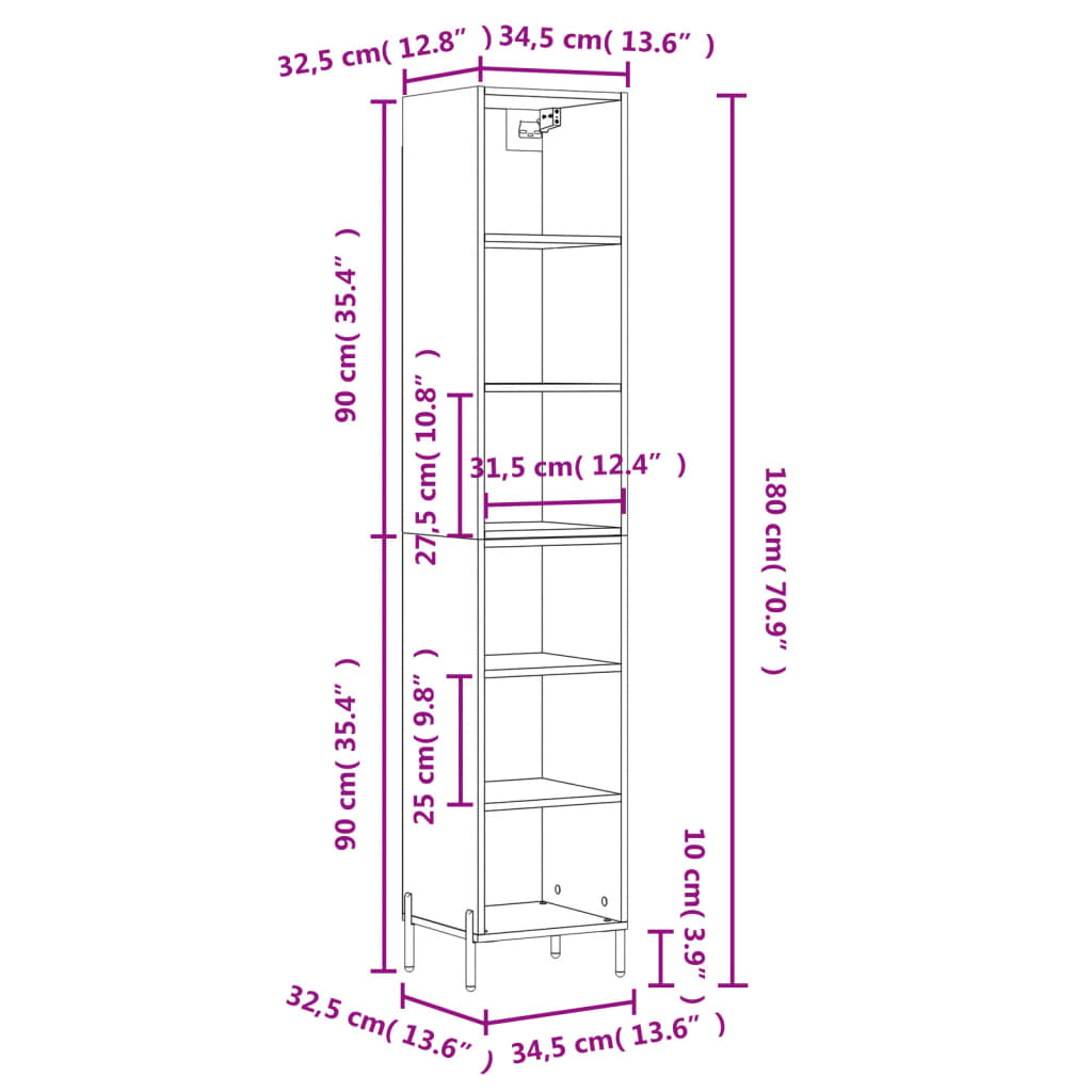 Dulap înalt, stejar sonoma, 34,5x32,5x180 cm, lemn prelucrat