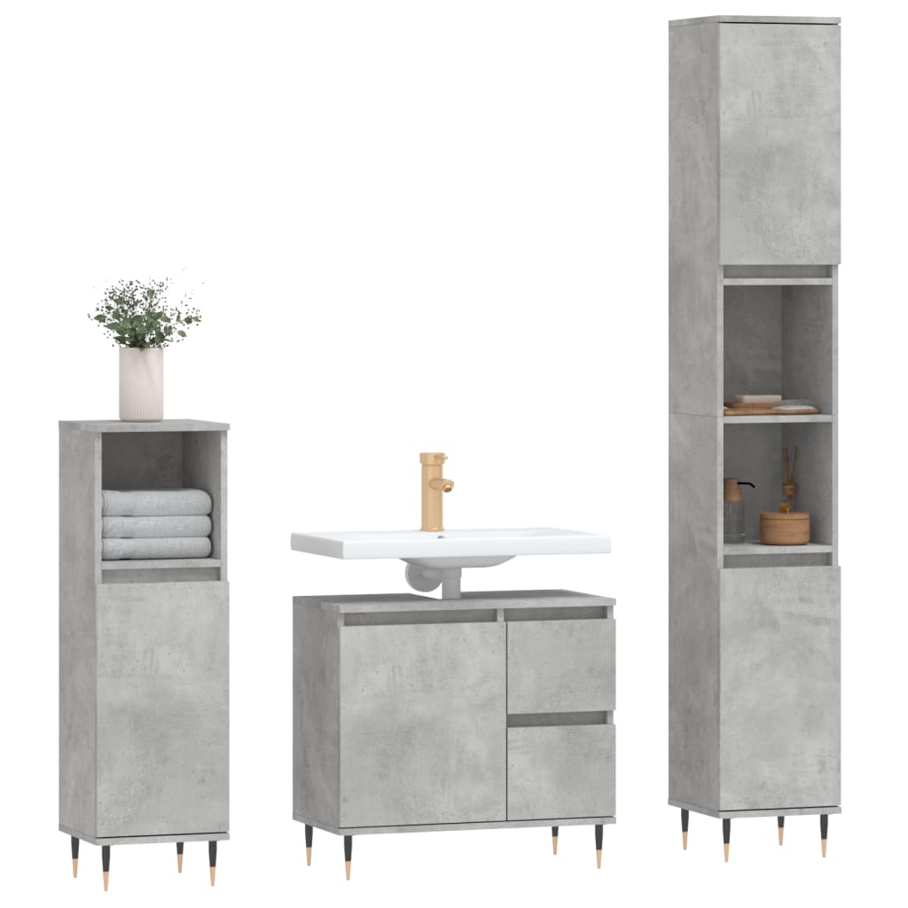 Set mobilier de baie, 3 piese, gri beton, lemn compozit