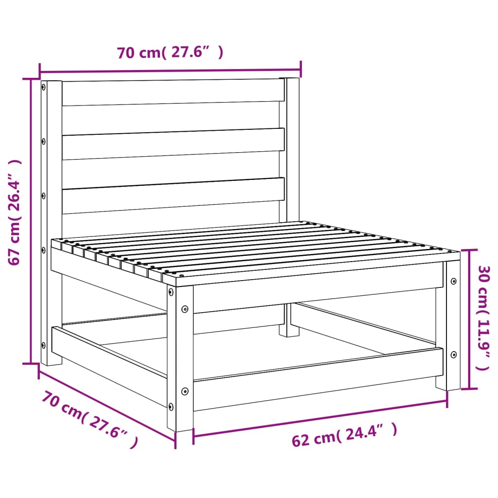 Canapea grădină fără cotiere, alb, 70x70x67 cm, lemn masiv pin