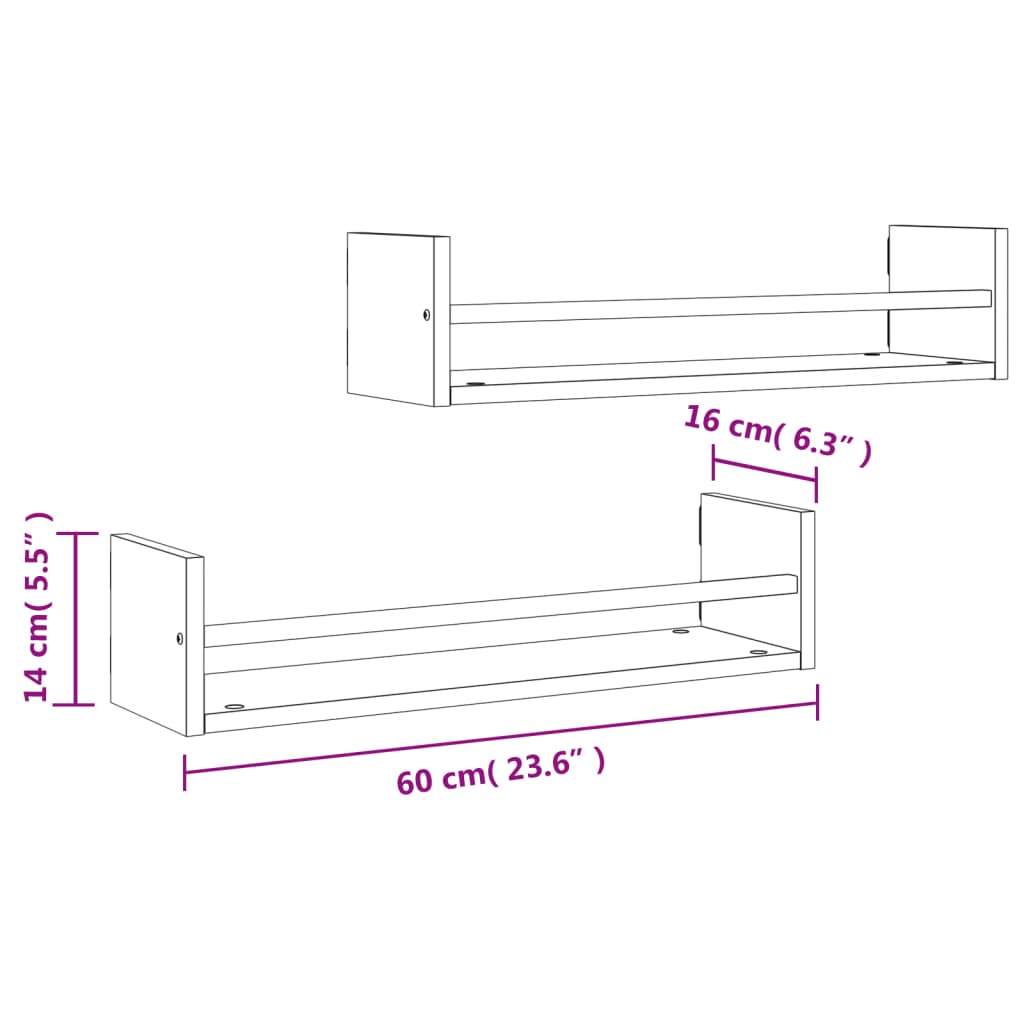 Rafturi de perete cu bare, 2 buc, negru, 60x16x14 cm