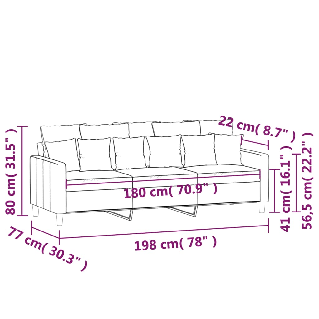 Canapea cu 3 locuri, crem, 180 cm, catifea