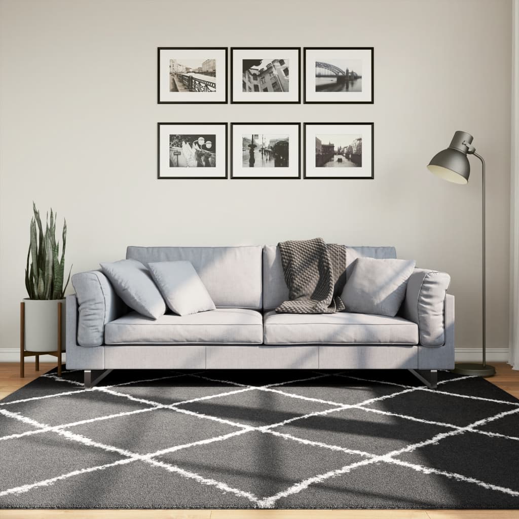 Covor pufos "PAMPLONA" fire înalte negru/crem modern 200x200 cm