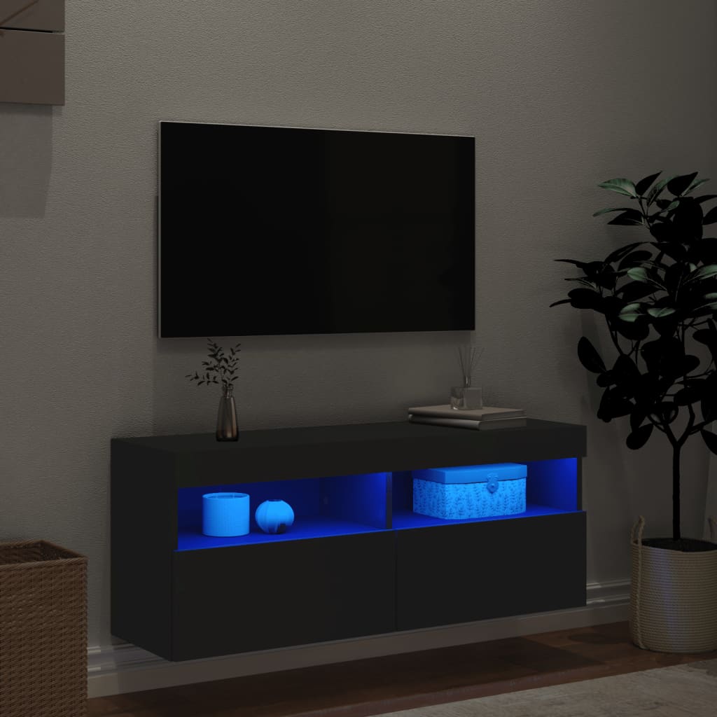 Comodă TV de perete cu lumini LED, negru, 100x30x40 cm