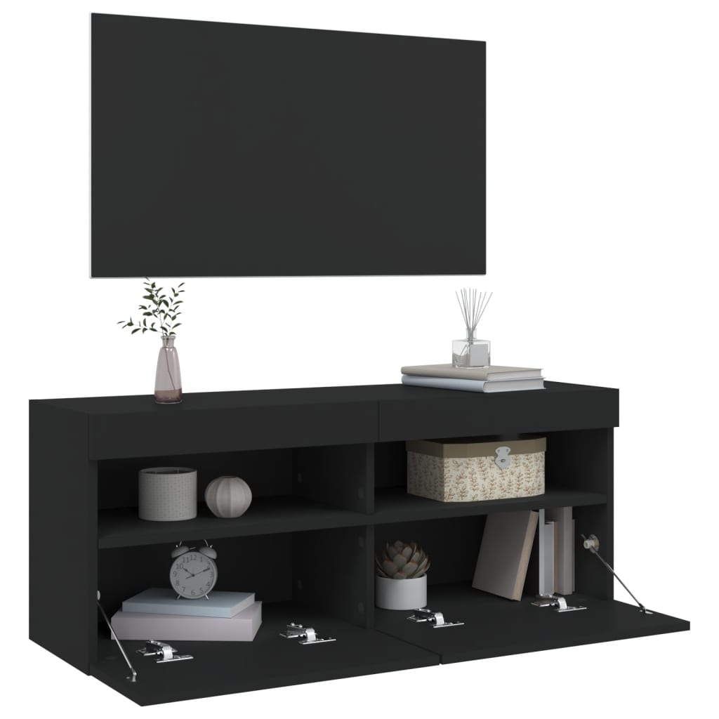 Comodă TV de perete cu lumini LED, negru, 100x30x40 cm