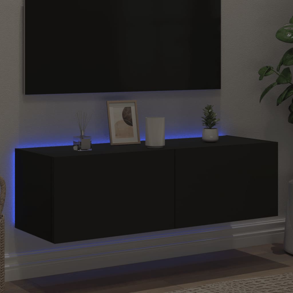 Comodă TV de perete cu lumini LED, negru, 100x35x31 cm