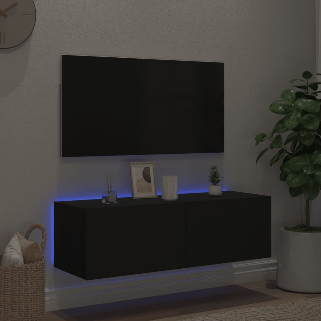 Comodă TV de perete cu lumini LED, negru, 100x35x31 cm